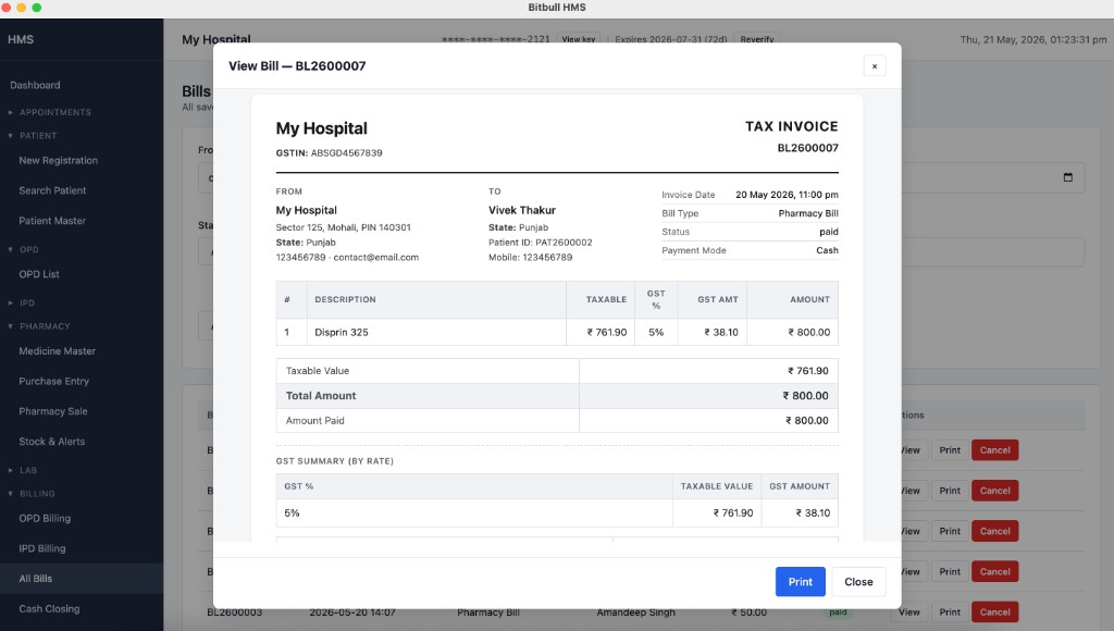 GST tax invoice view for pharmacy billing