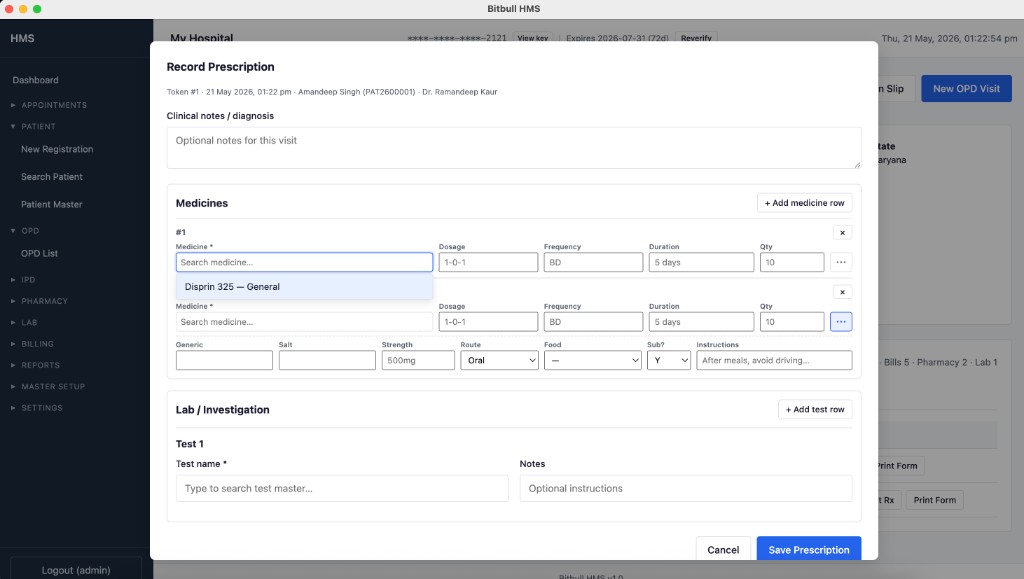 Record prescription form with medicines and lab tests