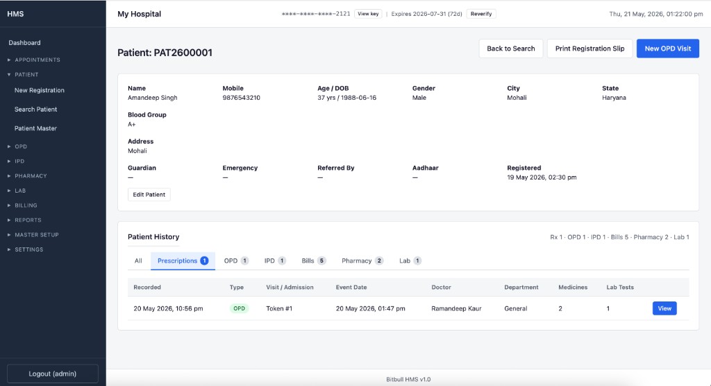 Patient profile with prescription and visit history tabs