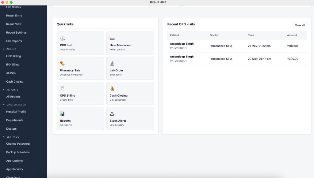 HMS quick links to OPD, pharmacy, lab, billing, and recent visits